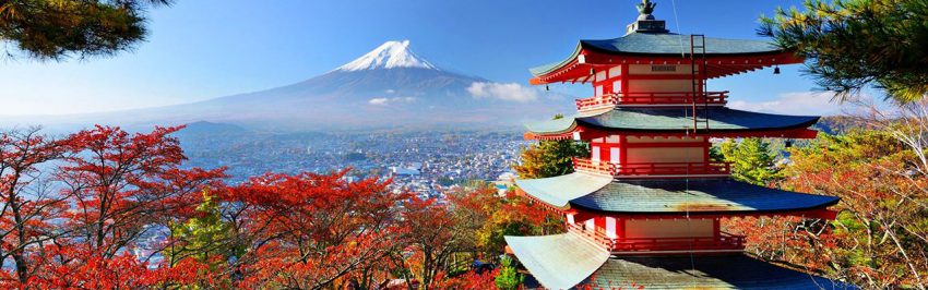 paysage emblématique du Japon avec plusieurs éléments remarquables dont le Mont Fuji et une Pagode