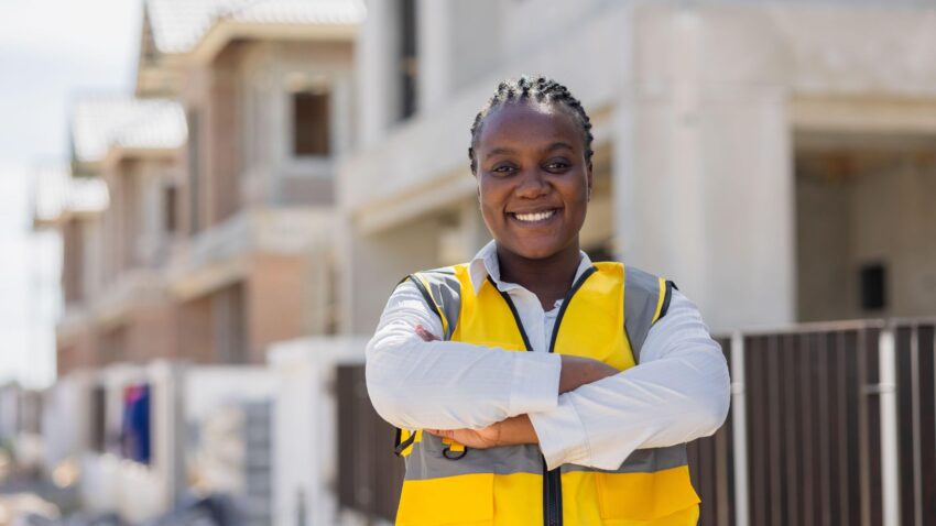 Femme en tenue de chantier, bras croisés