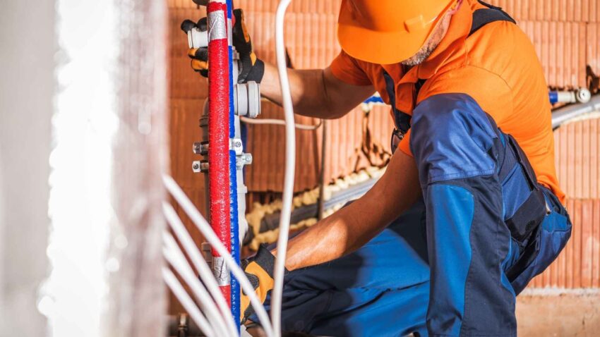 Plombier travaillant sur des tuyaux en chantier